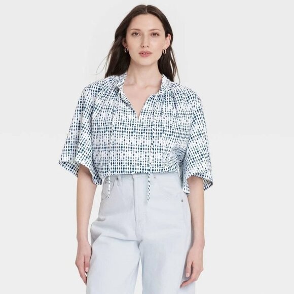 Universal Thread Flowy Elbow Sleeve Popover Blouse Womens Size XL Blue and White - Picture 1 of 5